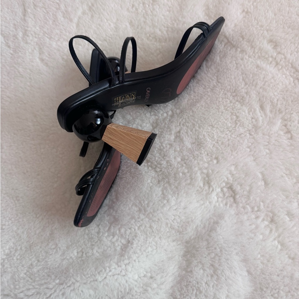 Caverley Black Strappy Heels with Artistic Wooden Heel - Picture 6 of 8